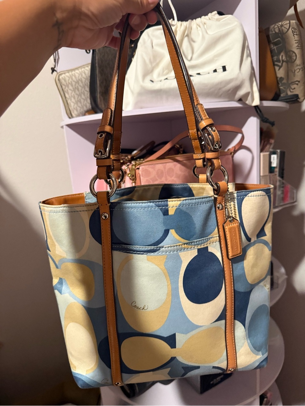 Coach Blue, Tan and Cream Circle Print Shoulder Tote